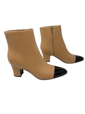Marc Fisher Tan & Black Cap Toe Ankle Boots Size 11 Block Heel Zip Booties NWT